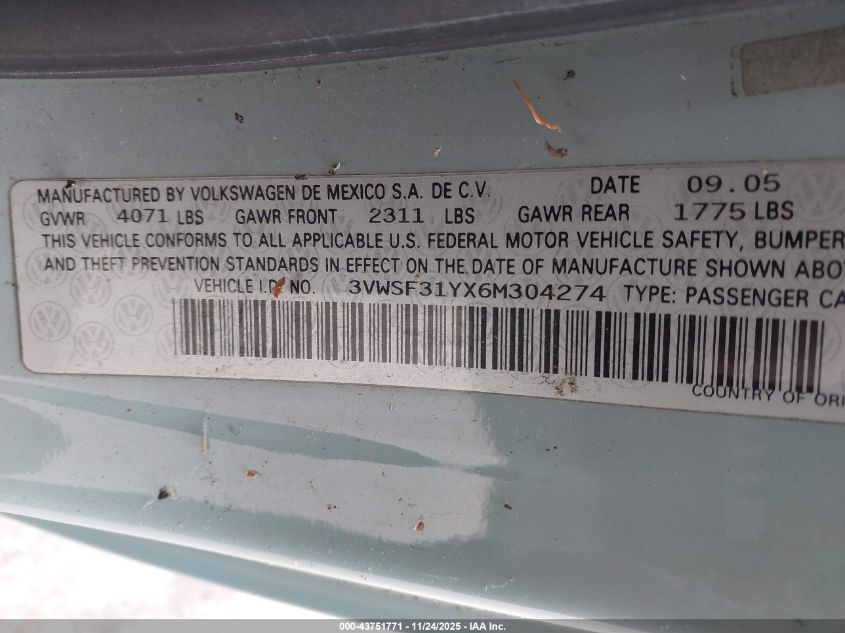 2006 Volkswagen New Beetle 2.5 VIN: 3VWSF31YX6M304274 Lot: 43751771