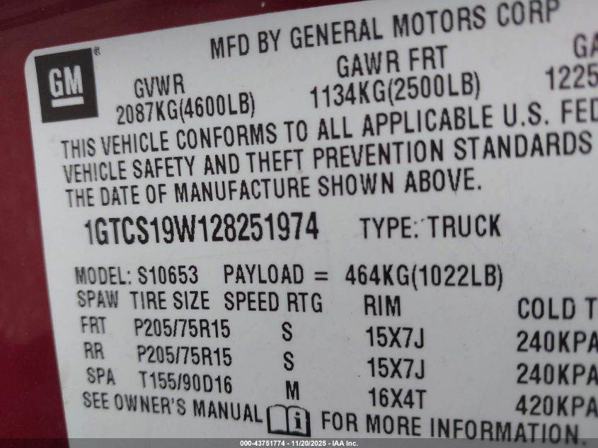 2002 GMC Sonoma Sls VIN: 1GTCS19W128251974 Lot: 43751774