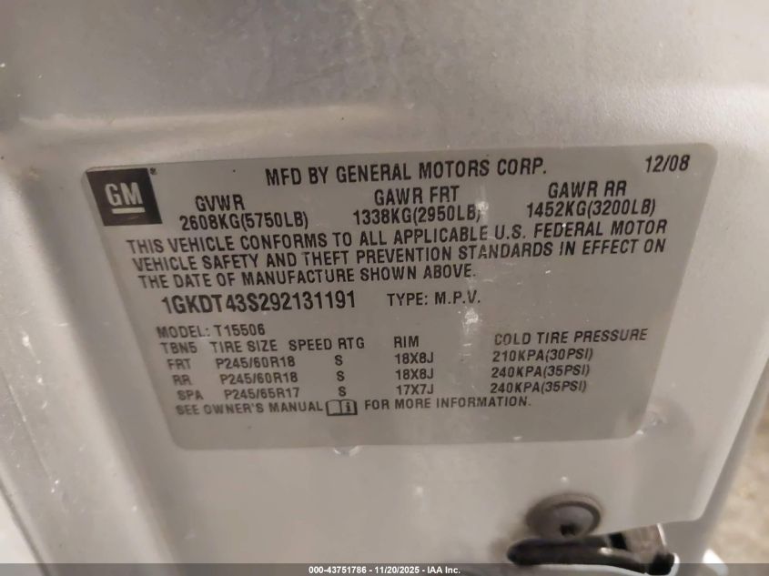 2009 GMC Envoy Slt VIN: 1GKDT43S292131191 Lot: 43751786