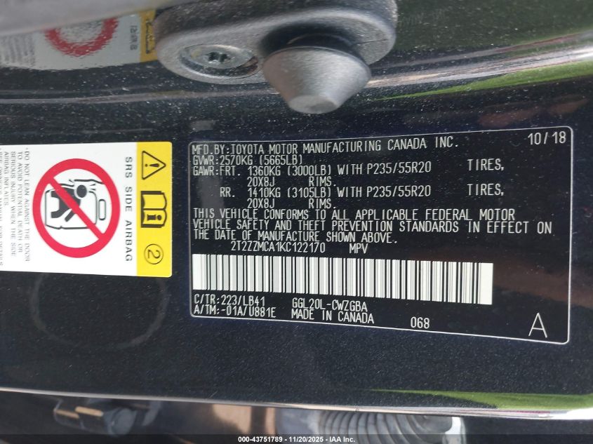 2019 Lexus Rx 350 VIN: 2T2ZZMCA1KC122170 Lot: 43751789