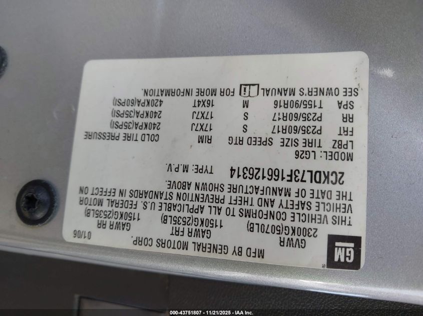 2006 Pontiac Torrent VIN: 2CKDL73F166126314 Lot: 43751807