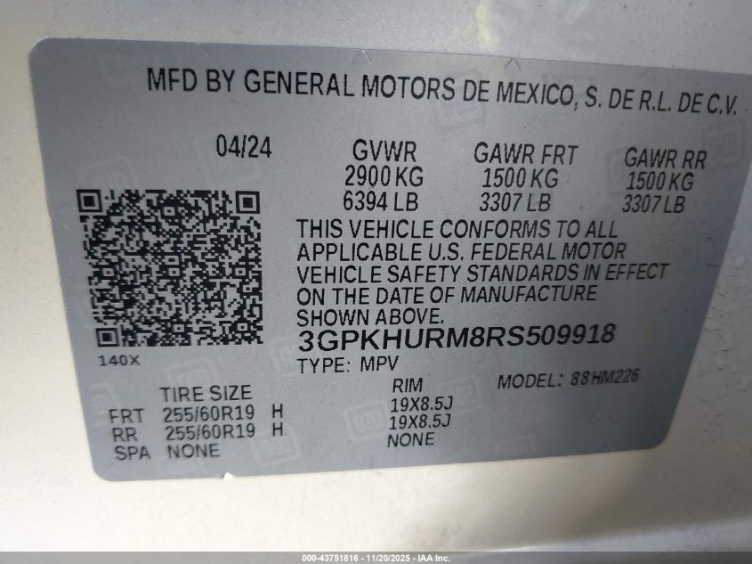 2024 Honda Prologue Ex VIN: 3GPKHURM8RS509918 Lot: 43751816