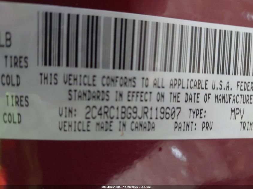 2018 Chrysler Pacifica Touring L VIN: 2C4RC1BG9JR119607 Lot: 43751835