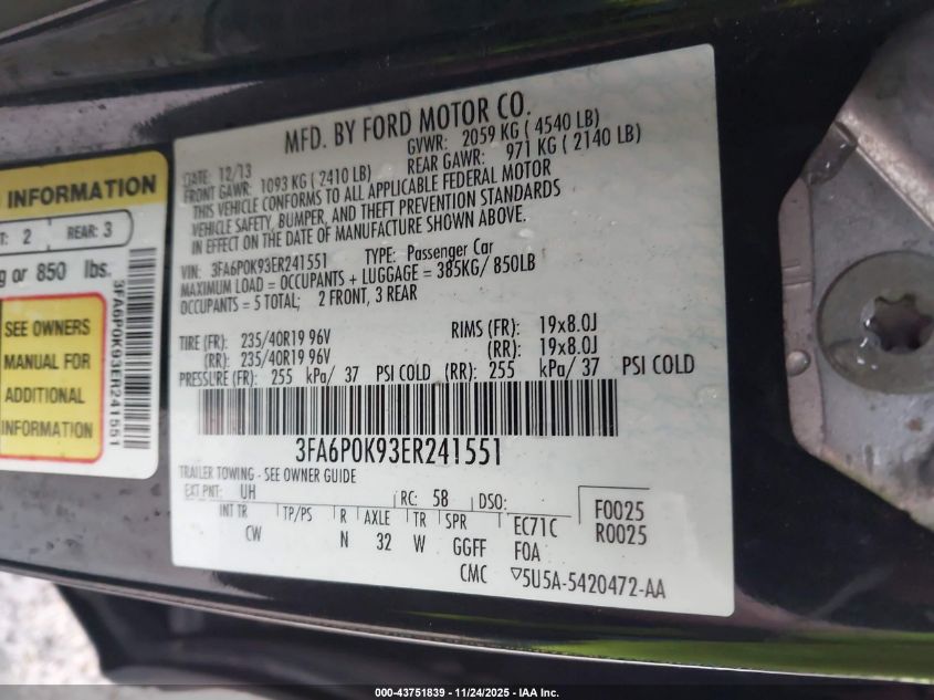 2014 Ford Fusion Titanium VIN: 3FA6P0K93ER241551 Lot: 43751839