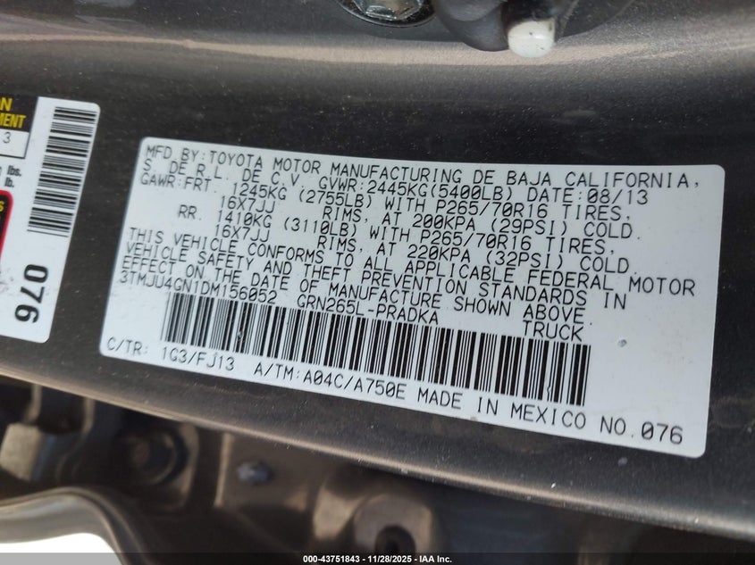 2013 Toyota Tacoma Prerunner V6 VIN: 3TMJU4GN1DM156052 Lot: 43751843