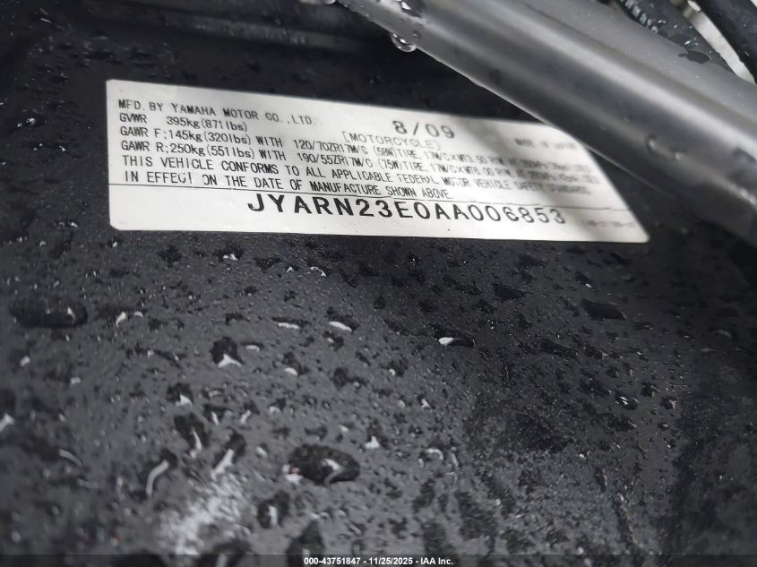 2010 Yamaha Yzfr1 VIN: JYARN23E0AA006853 Lot: 43751847