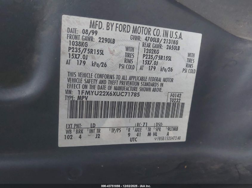 1999 Ford Explorer Sport VIN: 1FMYU22X6XUC71785 Lot: 43751856