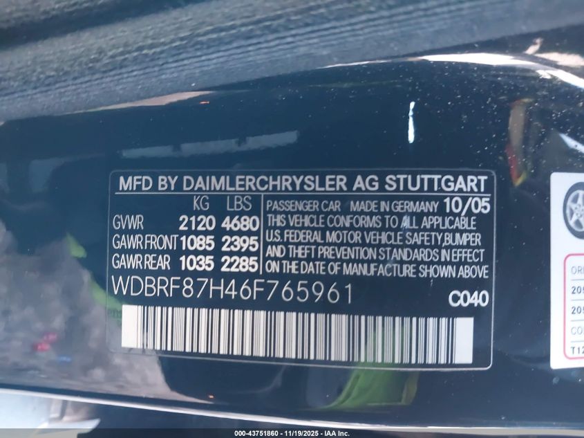 2006 Mercedes-Benz C 350 Luxury 4Matic VIN: WDBRF87H46F765961 Lot: 43751860