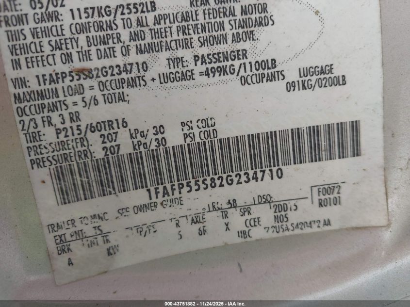 2002 Ford Taurus Ses VIN: 1FAFP55S82G234710 Lot: 43751882