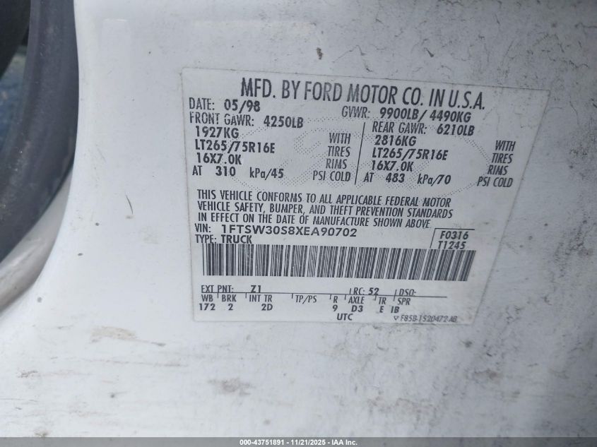 1999 Ford F-350 Lariat/Xl/Xlt VIN: 1FTSW30S8XEA90702 Lot: 43751891