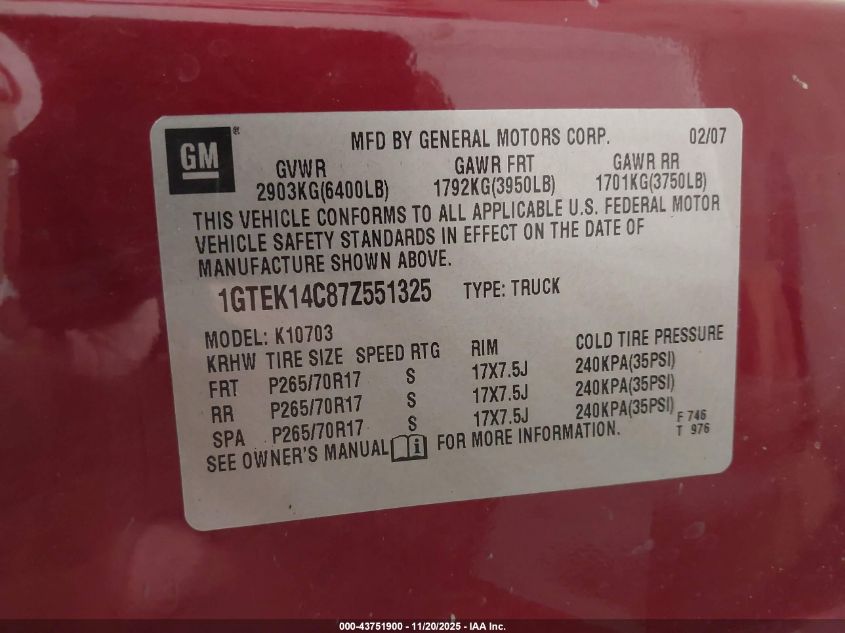 2007 GMC Sierra 1500 Sle1 VIN: 1GTEK14C87Z551325 Lot: 43751900
