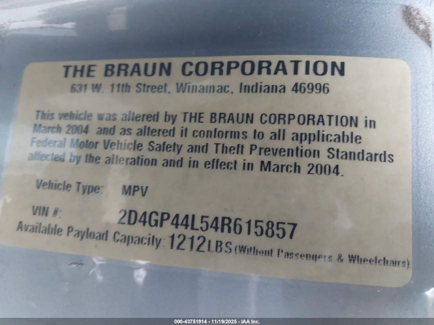 2004 Dodge Grand Caravan Sxt VIN: 2D4GP44L54R615857 Lot: 43751914
