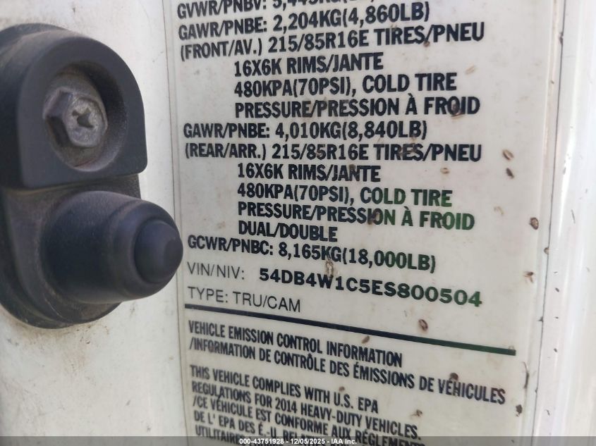 2014 Isuzu Npr Gas Reg VIN: 54DB4W1C5ES800504 Lot: 43751928