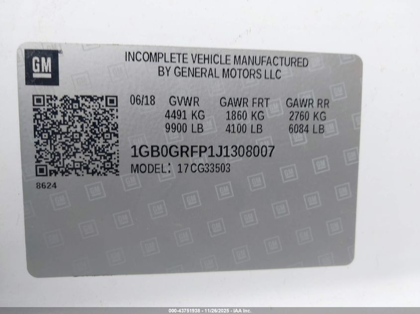 2018 Chevrolet Express Cutaway Work Van VIN: 1GB0GRFP1J1308007 Lot: 43751938