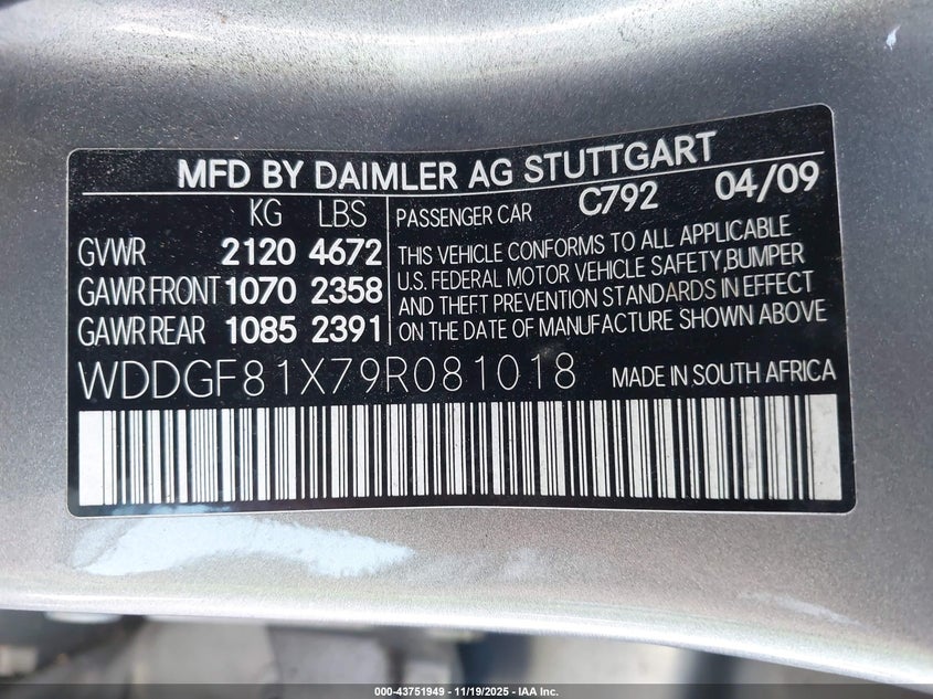 2009 Mercedes-Benz C 300 Sport 4Matic VIN: WDDGF81X79R081018 Lot: 43751949