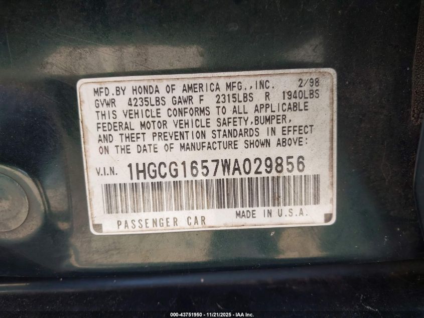 1998 Honda Accord Ex V6 VIN: 1HGCG1657WA029856 Lot: 43751950