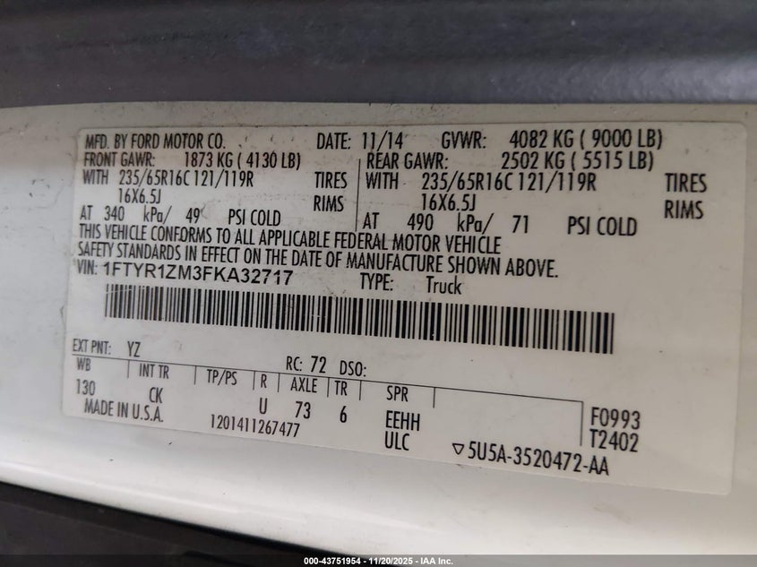 2015 Ford Transit-250 VIN: 1FTYR1ZM3FKA32717 Lot: 43751954