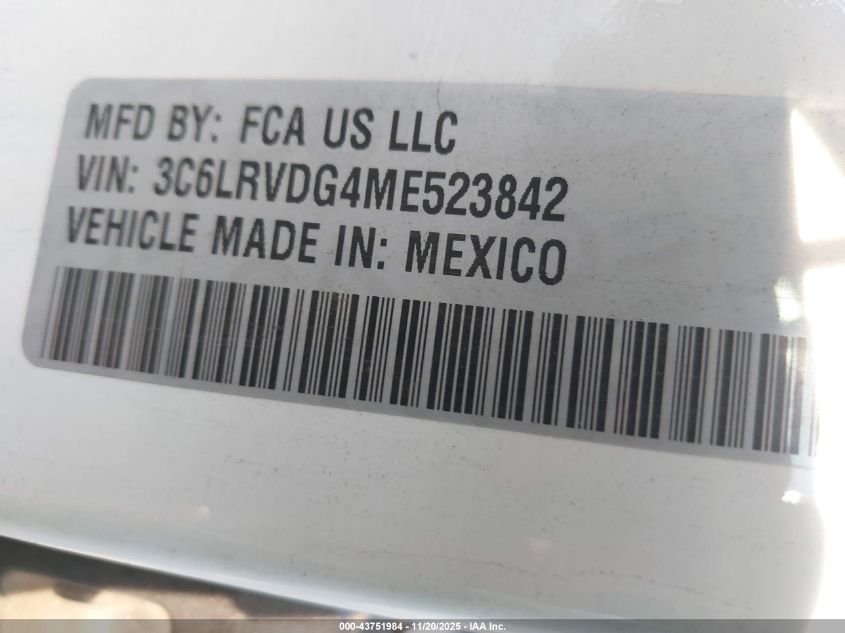 2021 Ram Promaster 2500 High Roof 159 Wb VIN: 3C6LRVDG4ME523842 Lot: 43751984