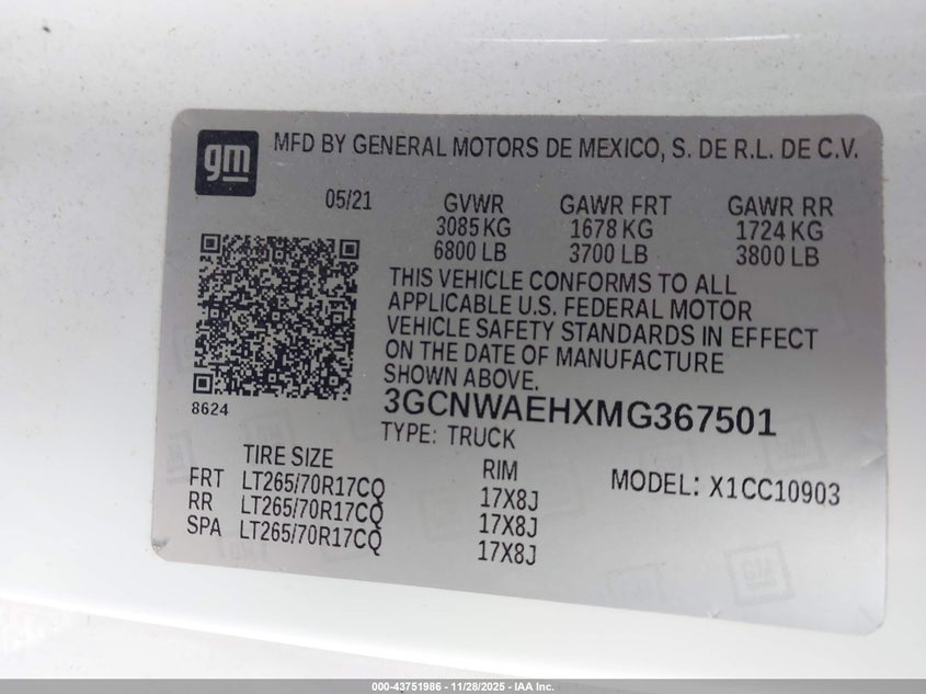 2021 Chevrolet Silverado 1500 2Wd Long Bed Wt VIN: 3GCNWAEHXMG367501 Lot: 43751986