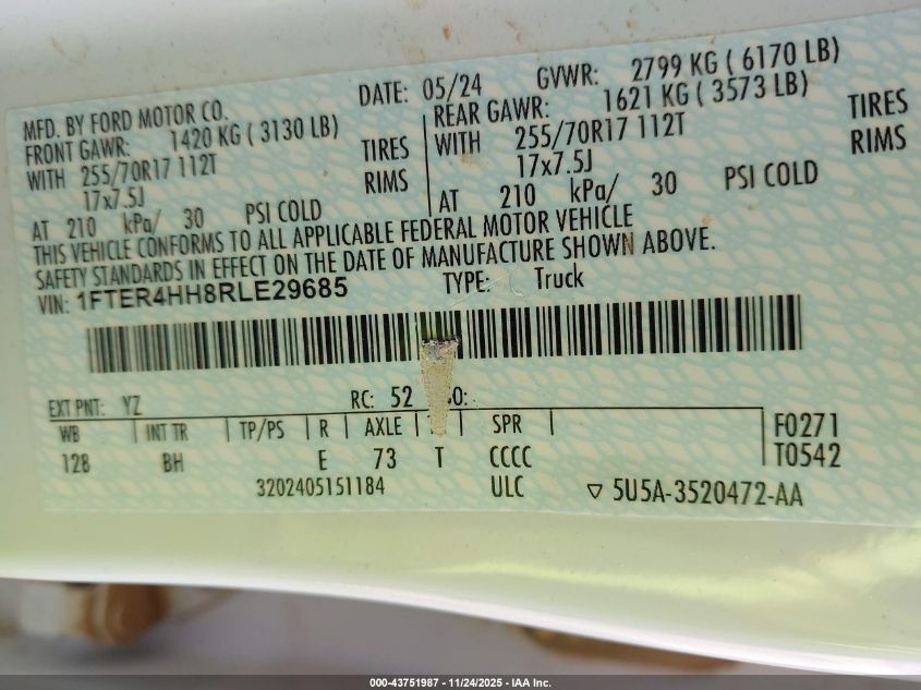 2024 Ford Ranger Xlt VIN: 1FTER4HH8RLE29685 Lot: 43751987