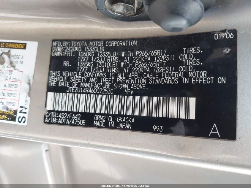 2006 Toyota 4Runner Sr5 Sport V6/Sr5 V6 VIN: JTEZU14R460072530 Lot: 43751988