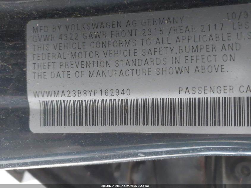 2000 Volkswagen Passat Gls VIN: WVWMA23B8YP162940 Lot: 43751993