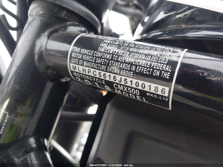 2018 Honda Cmx500 VIN: MLHPC5616J5100186 Lot: 43751995