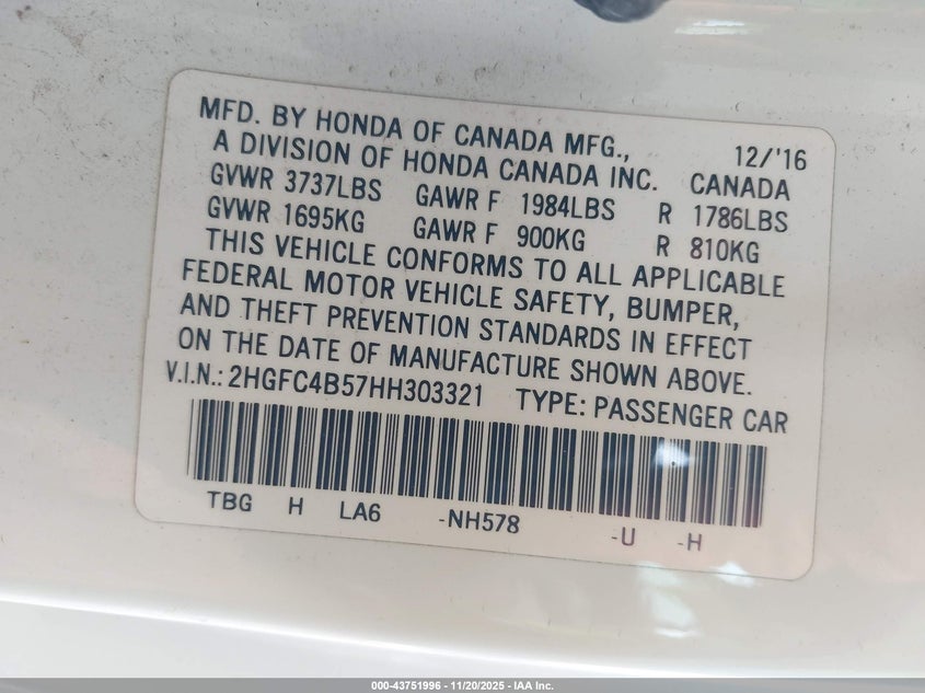 2HGFC4B57HH303321 2017 HONDA CIVIC photo no. 9