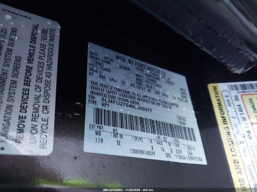 2008 Lincoln Navigator VIN: 5LMFU27548LJ05977 Lot: 43752003