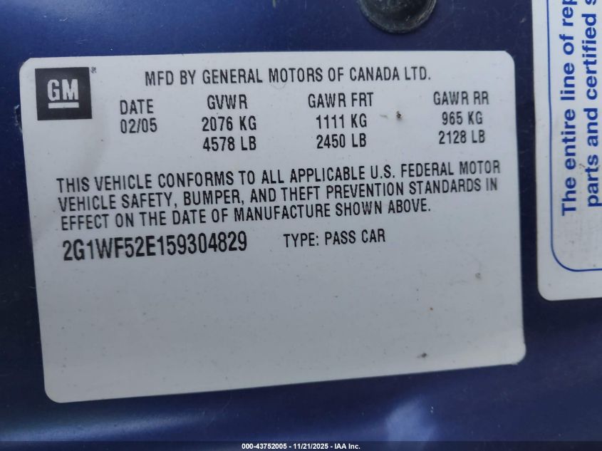 2005 Chevrolet Impala VIN: 2G1WF52E159304829 Lot: 43752005