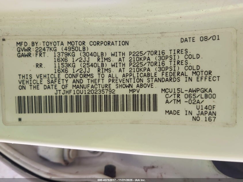 2002 Lexus Rx 300 VIN: JTJHF10U120235792 Lot: 43752017