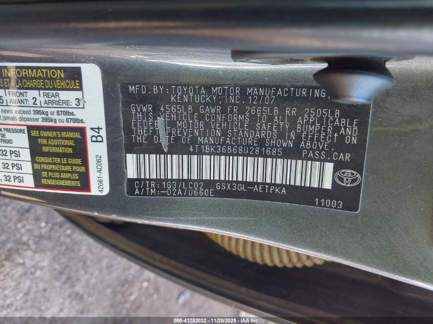 2008 Toyota Avalon Limited VIN: 4T1BK36B68U281685 Lot: 43752032