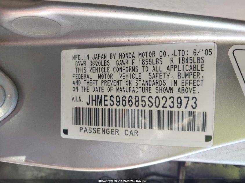 2005 Honda Civic Hybrid VIN: JHMES96685S023973 Lot: 43752033