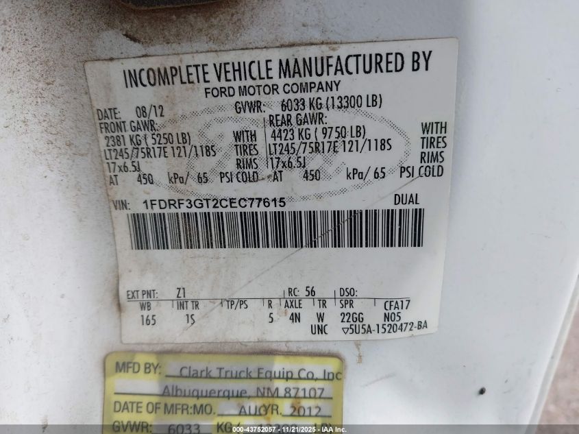 2012 Ford F-350 Chassis Xl VIN: 1FDRF3GT2CEC77615 Lot: 43752057