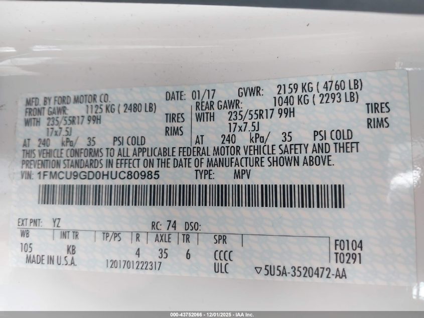 2017 Ford Escape Se VIN: 1FMCU9GD0HUC80985 Lot: 43752066