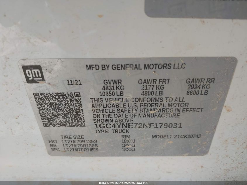 2022 Chevrolet Silverado 2500Hd 4Wd Standard Bed Lt VIN: 1GC4YNE72NF179031 Lot: 43752065