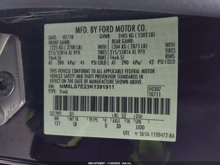 2019 Ford Transit Connect Xl VIN: NM0LS7E23K1391911 Lot: 43752067