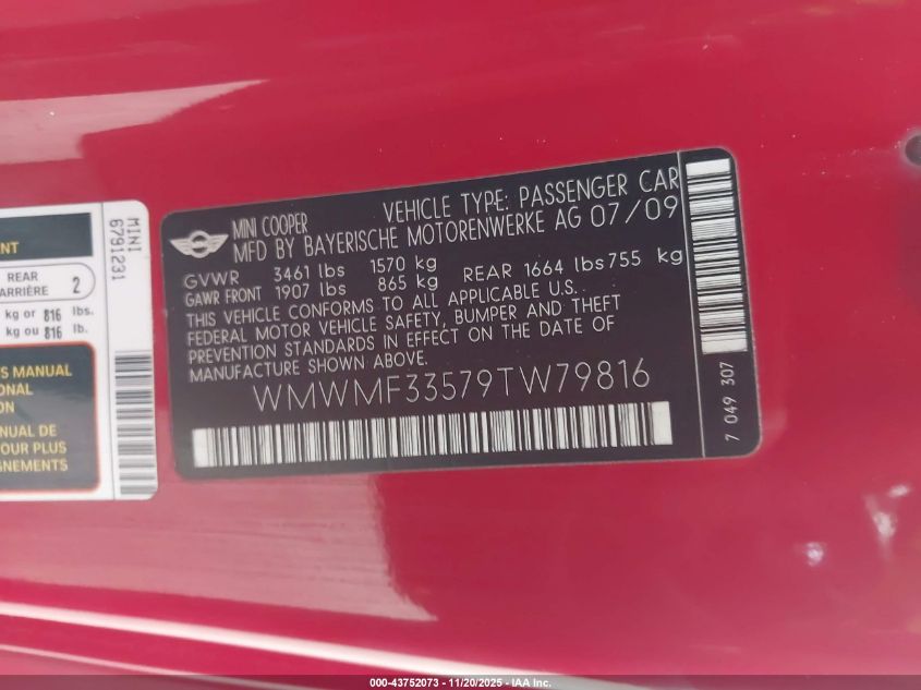 2009 Mini Cooper VIN: WMWMF33579TW79816 Lot: 43752073