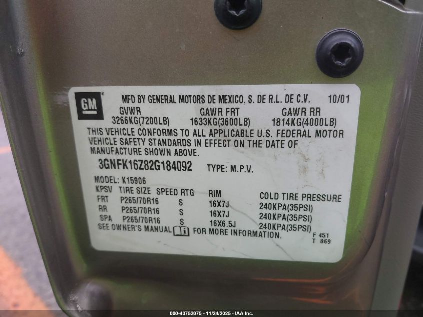 2002 Chevrolet Suburban 1500 Lt VIN: 3GNFK16Z82G184092 Lot: 43752075