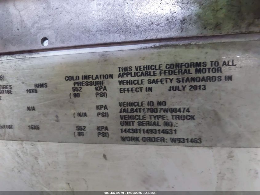 2013 Isuzu Commercial Van VIN: JALB4T170D7W00474 Lot: 43752079