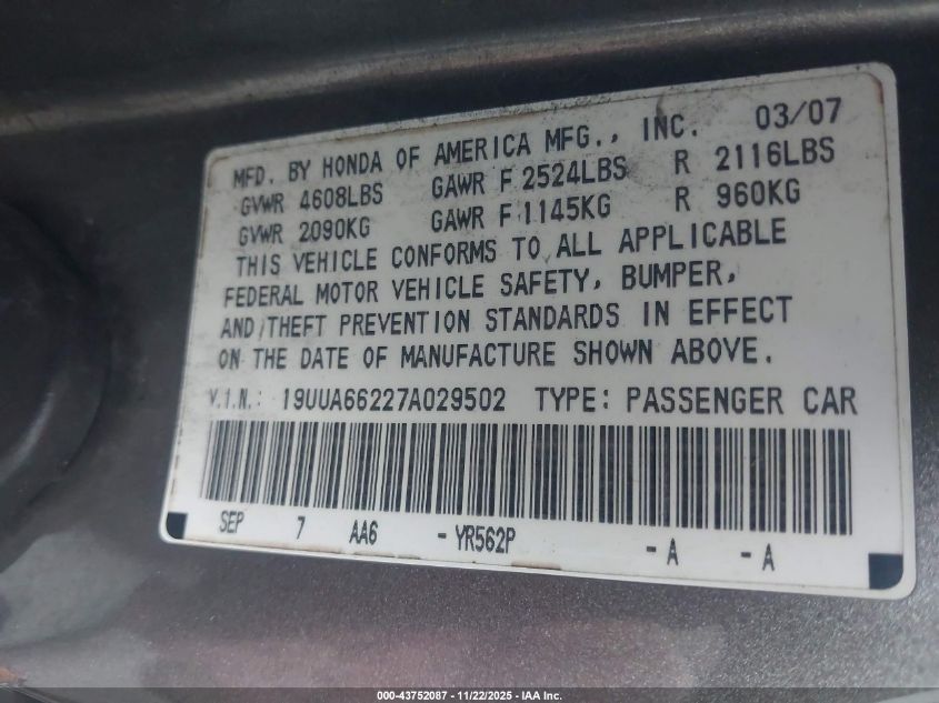 2007 Acura Tl 3.2 VIN: 19UUA66227A029502 Lot: 43752087