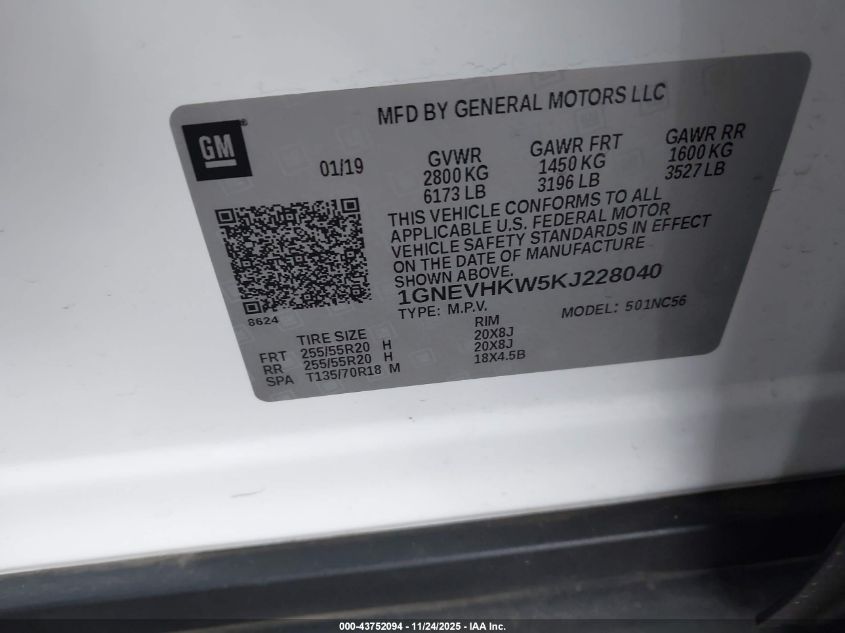 2019 Chevrolet Traverse 3Lt VIN: 1GNEVHKW5KJ228040 Lot: 43752094