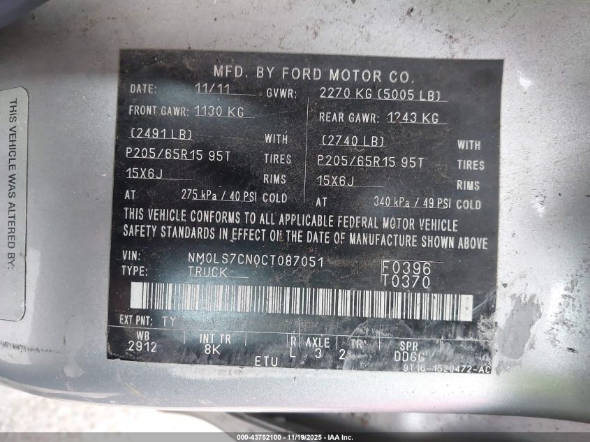 2012 Ford Transit Connect Xl VIN: NM0LS7CN0CT087051 Lot: 43752100