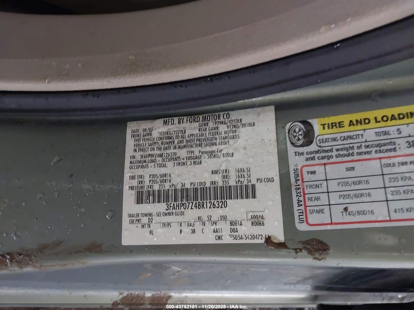 2008 Ford Fusion Se VIN: 3FAHP07Z48R126320 Lot: 43752101