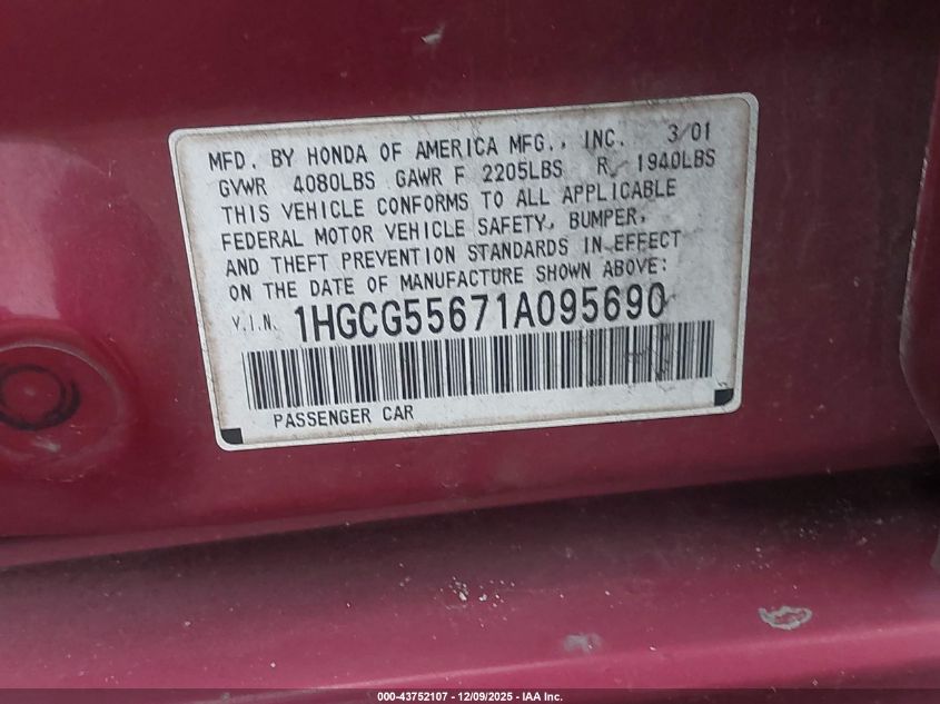 2001 Honda Accord 2.3 Ex VIN: 1HGCG55671A095690 Lot: 43752107