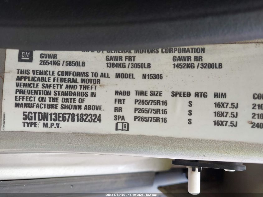 2007 Hummer H3 Suv VIN: 5GTDN13E678182324 Lot: 43752109