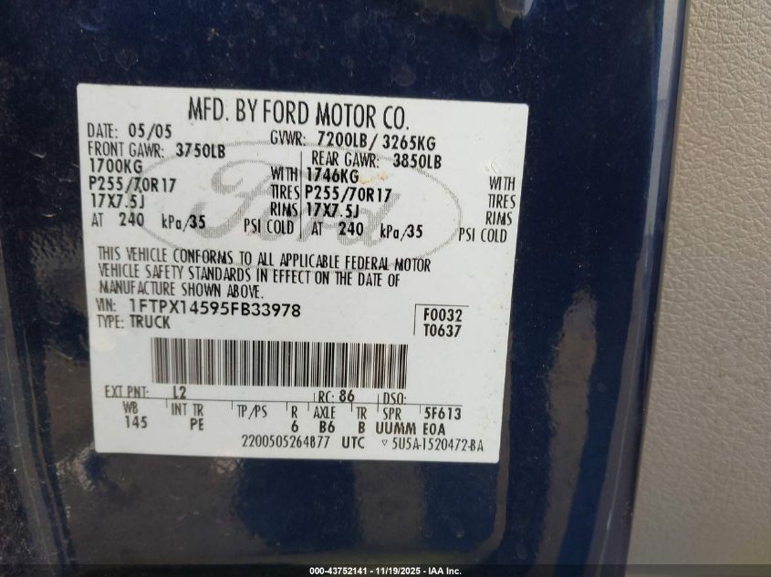 2005 Ford F-150 Fx4/Lariat/Xl/Xlt VIN: 1FTPX14595FB33978 Lot: 43752141