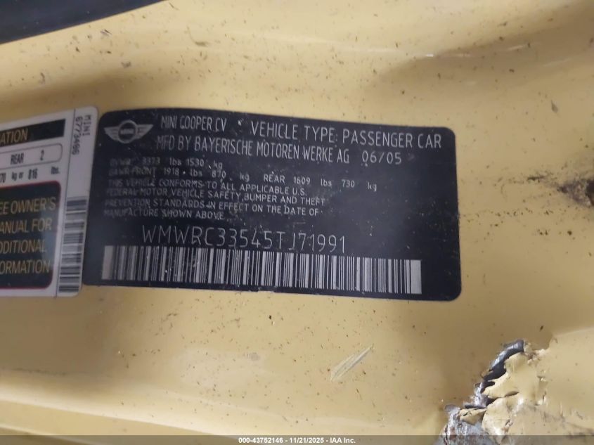2005 Mini Cooper VIN: WMWRC33545TJ71991 Lot: 43752146