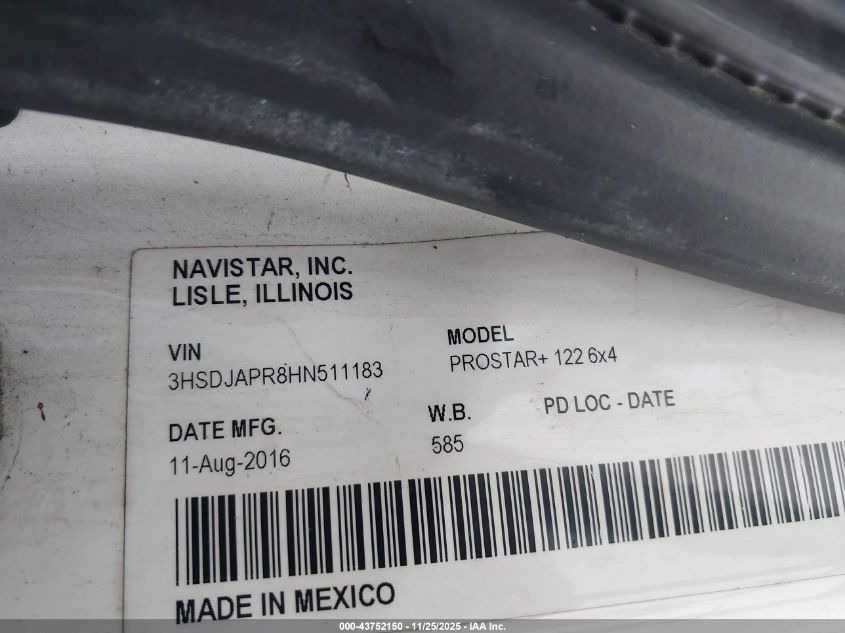 2017 International Prostar+ VIN: 3HSDJAPR8HN511183 Lot: 43752150