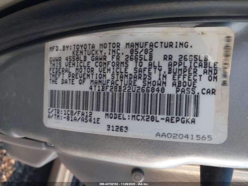 2002 Toyota Avalon Xls VIN: 4T1BF28B22U266040 Lot: 43752152